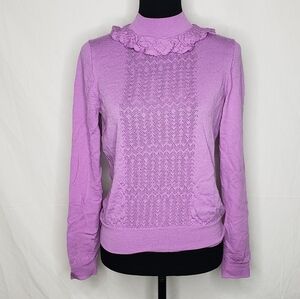 J Crew Womens Knit Turtleneck Merino Wool Sweater Size S Ruffle Preppy Purple